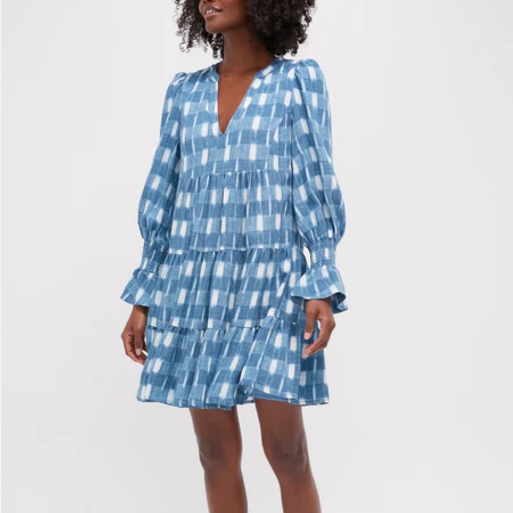 Pomander Place Blue and White Tiered V‑Neck Mini Dress